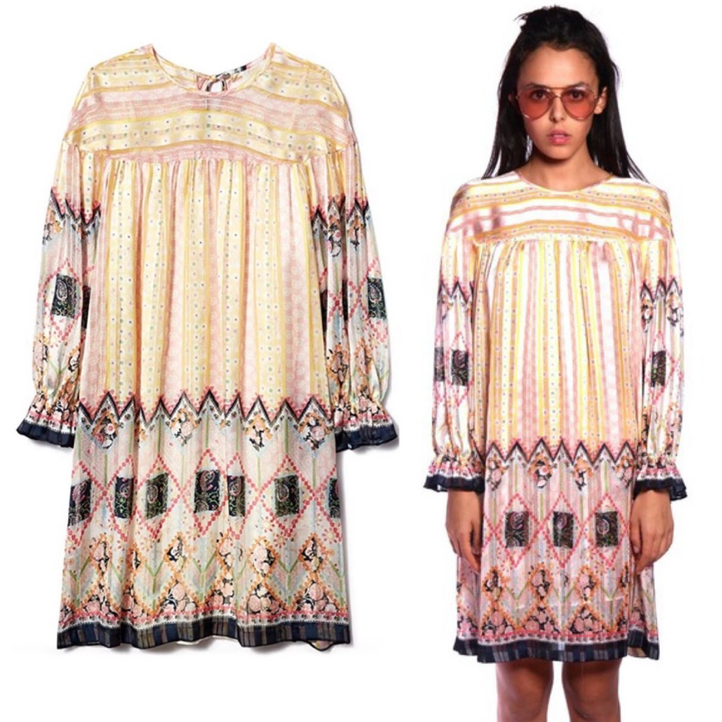 Anna Sui Botanical Patchwork Long Ruffle Sleeve Tunic Dress In Multicolor Sz. M